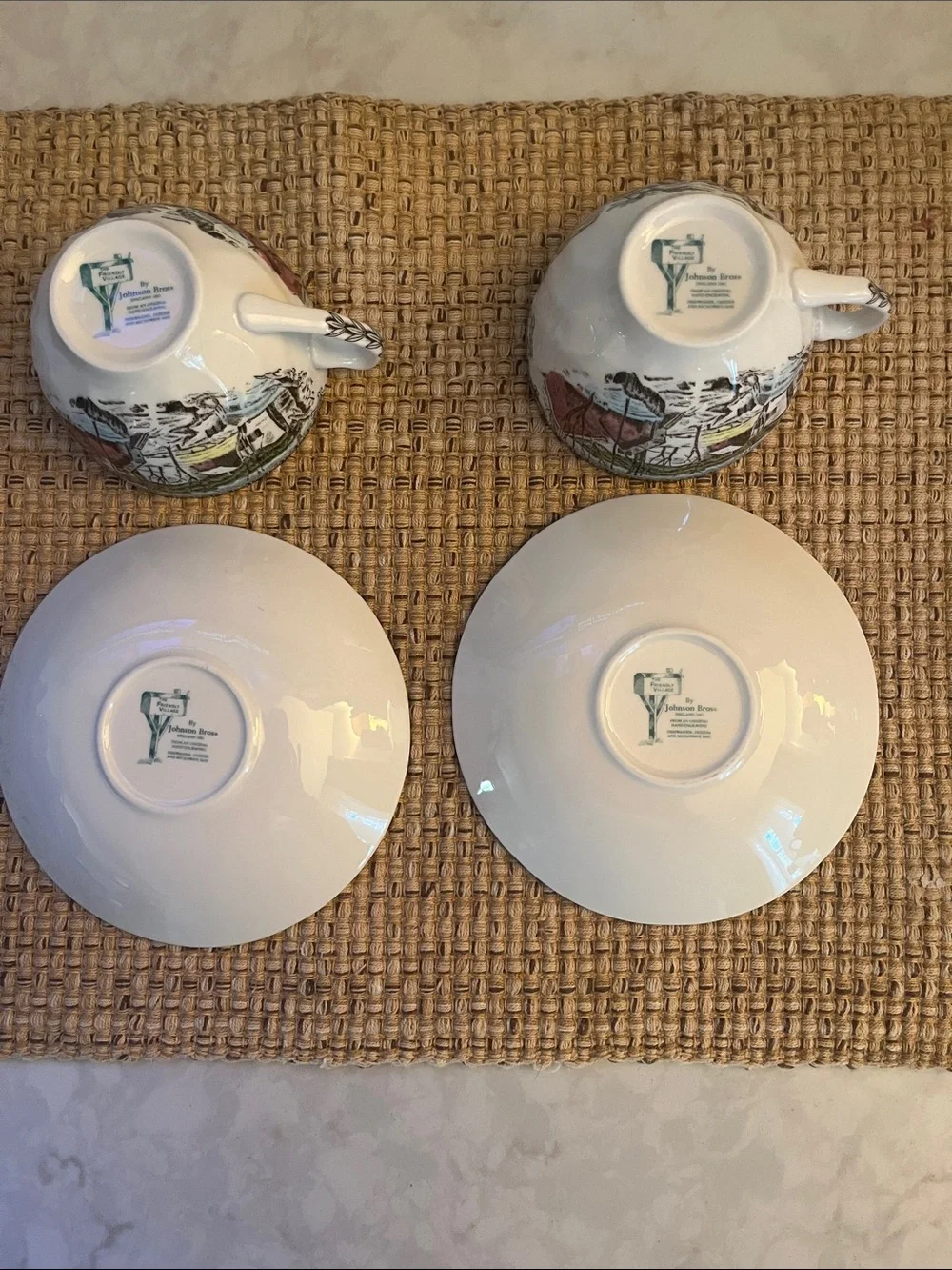 Vintage 2 Johnson Brothers England Friendly Village ICE HOUSE Cup & Saucer Set